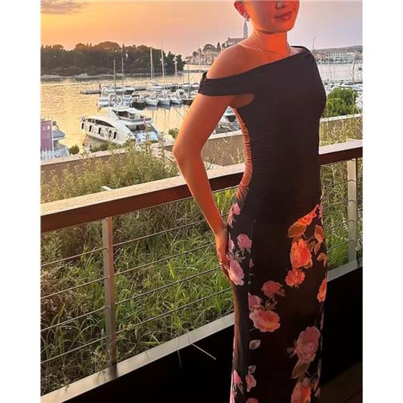 Women's Maxi Skirt Mesh Floral Print Black x Pink - Picture 5 of 6